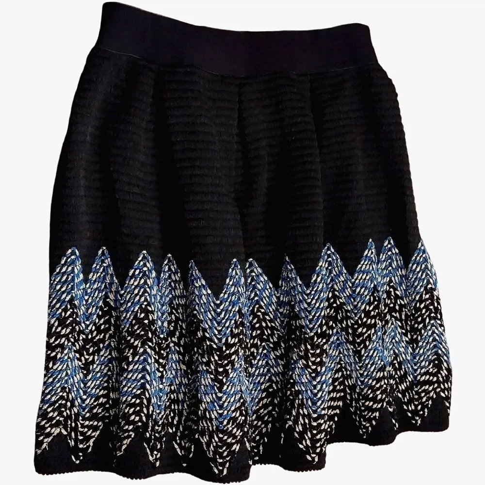 See U Soon, Flare Midi Knit Skirt, Size 6, Black w/ Blue & Silver Embroidery